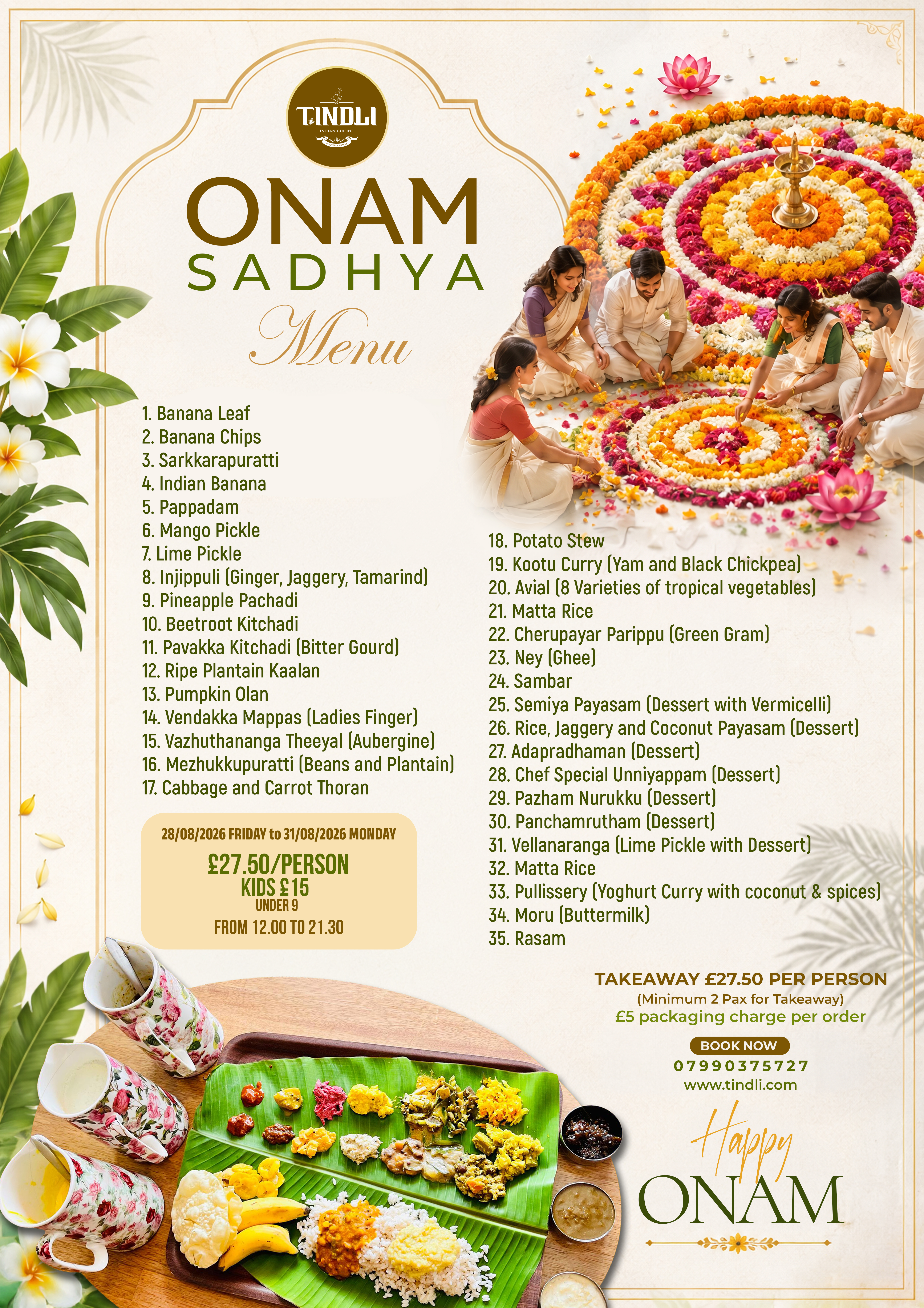 Tindli Onam Sadhya 2026 menu — authentic Kerala feast Croydon — pre-order, takeaway, catering available